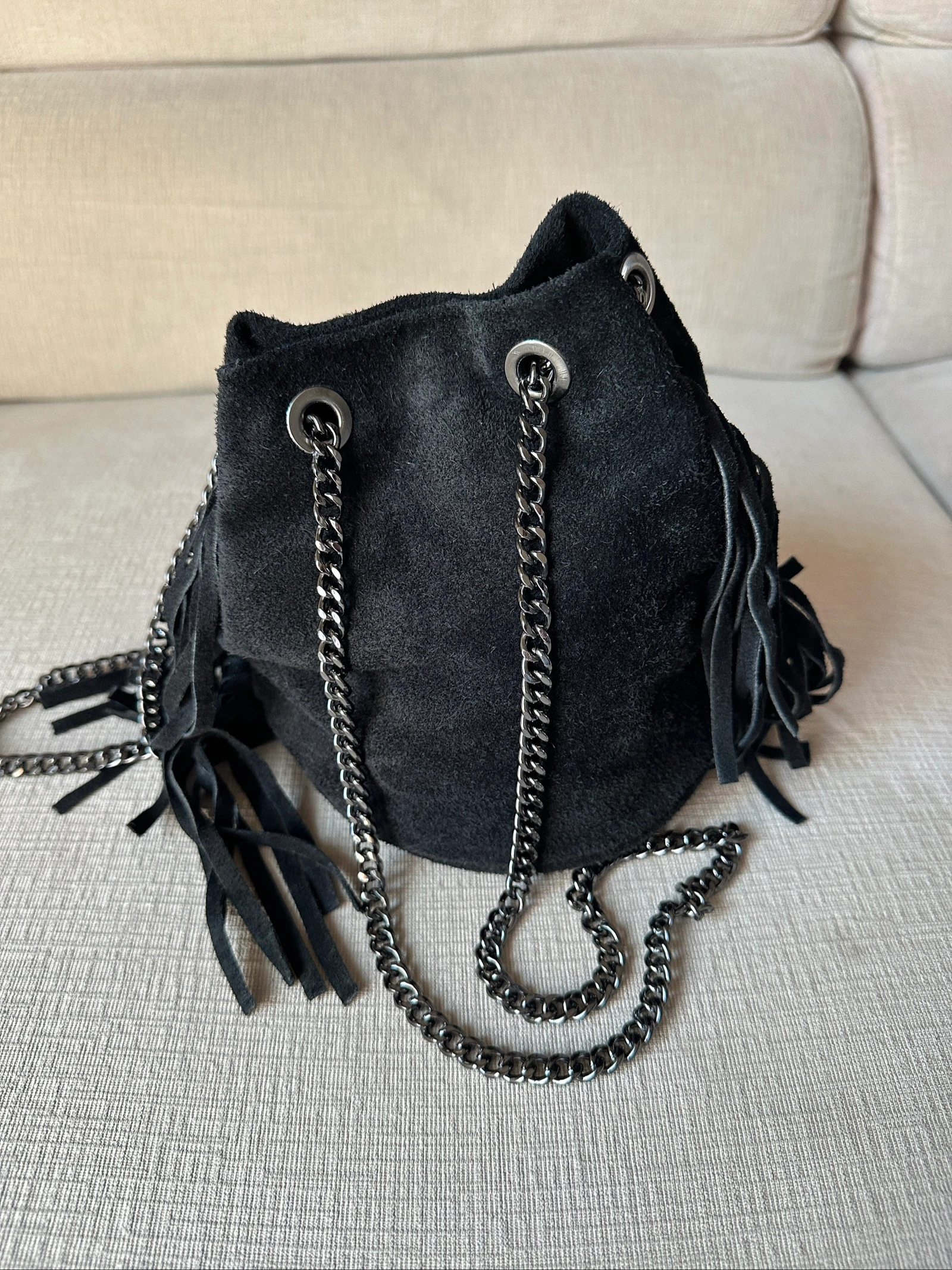 Zwarte buidelzak van echt suède - Boheemse chique stijl – photo 2